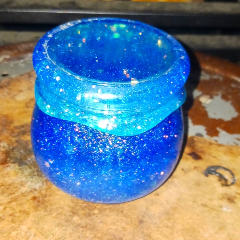 Handmade Blue Acrylic Jar/Candle Holder Shaped Like a Honey Jar Blue w/ Glitter
